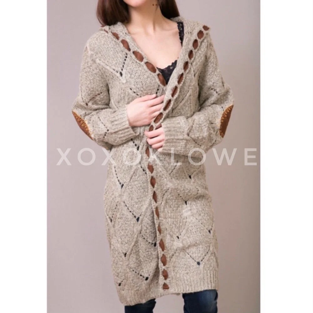 1 L POL Hooded Cardigan Open Front Diamond Weave Faux Suede Detail - Picture 9 of 13